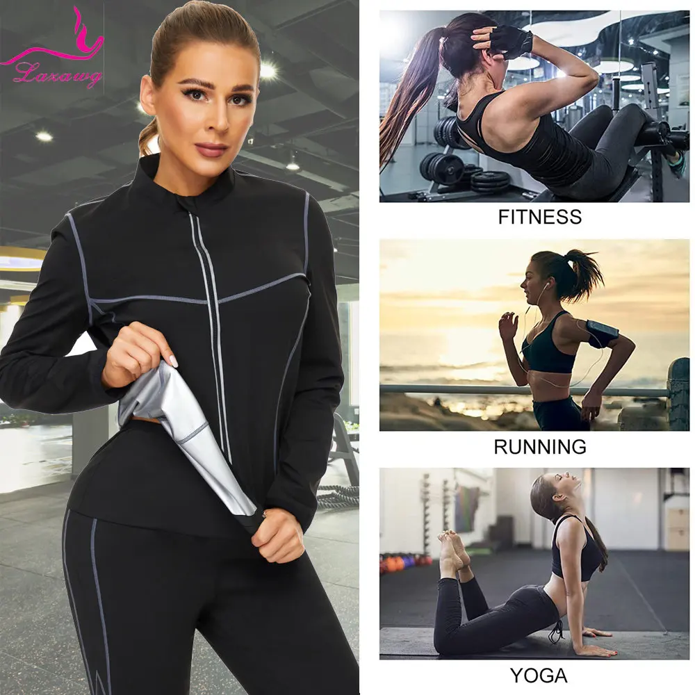 LAZAWG Sauna Jacket for Women Sweat Top Weight Loss Long Sleeves Thin Thermo Sportwear Fitness Ladies Body Shaper Gym Workout