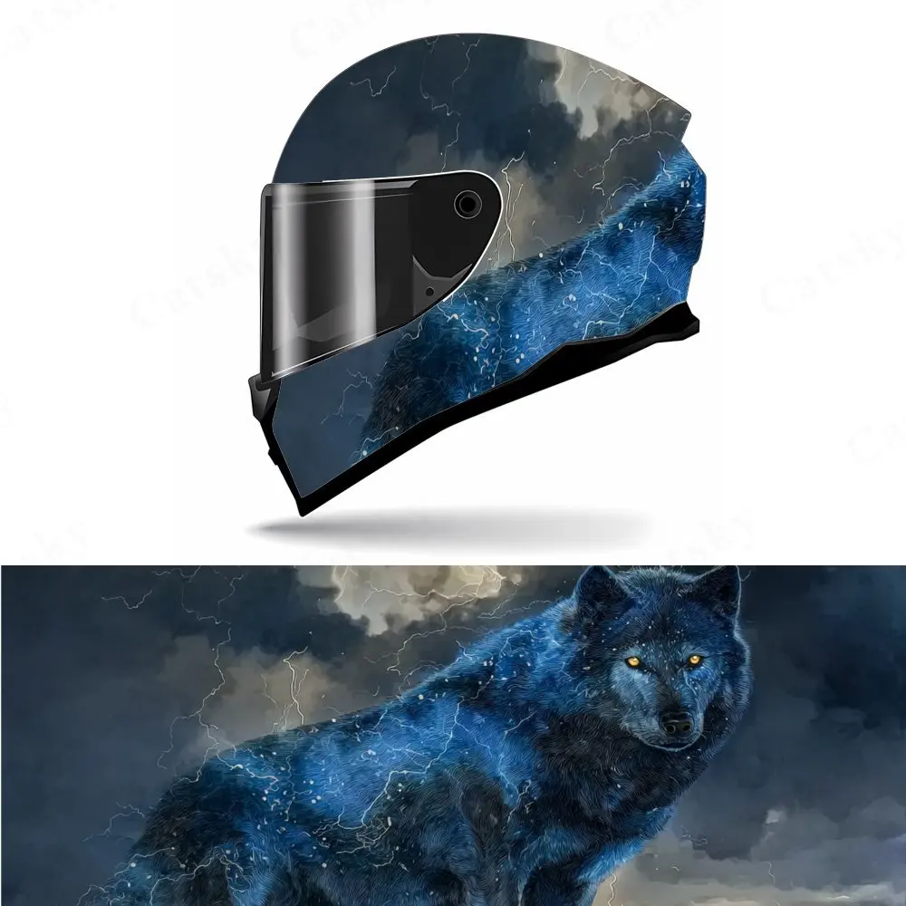 

Наклейка на мотоциклетный шлем Blue Flame Lightning Wolf — водонепроницаемый и устойчивый к царапинам самоклеящийся лист из ПВХ с фантазийным синим цветом