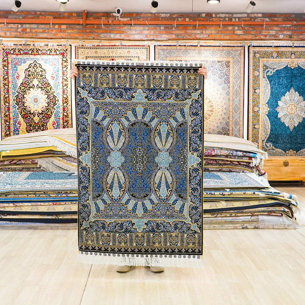 

Ковер ручной работы из Турции, синий, 91x137 см, шелковый, маленький