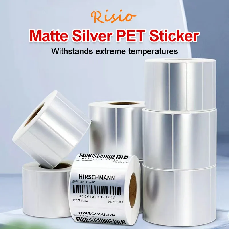 Матовая серебряная термонаклейка в рулоне бумаги, самоклеящаяся этикетка для печати, ПЭТ, водонепроницаемая металлическая серебряная бирка с переносом штрих-кода