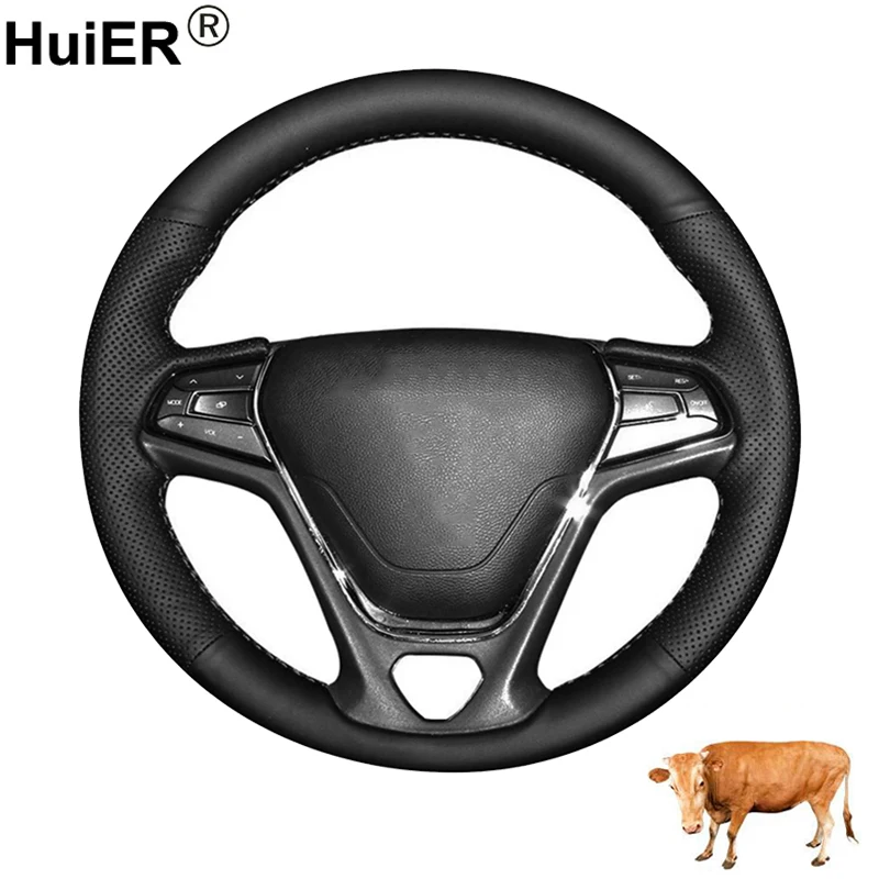 Cow True Leather Hand Sewing Car Steering Wheel Cover For Chery Tiggo 2 2016 - 2020 Cowhide Protector Wrap Braid On Steering