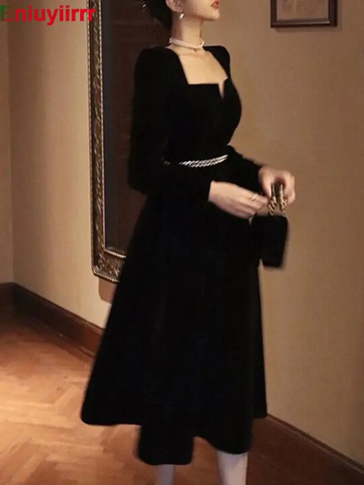 Women 2022 New Year Winter Spring Basic Wear Feminine Vestidos Sexy Square Neck French Black Long Elegant Party Velvet Dress