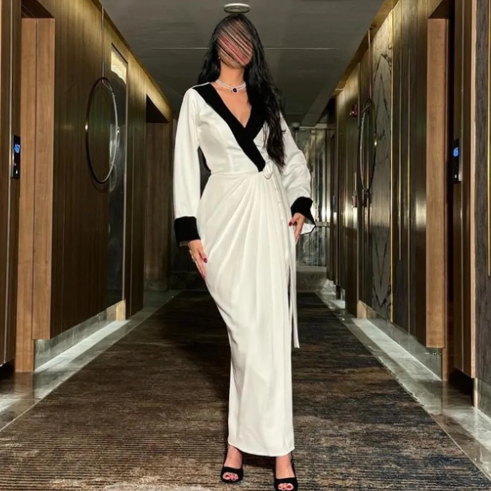 

Modern Straight White Ankle Length V Neck Jersey Long Sleeves Evening Dress Simple Pleats Saudi Arabia Bespoke Occasion Gowns