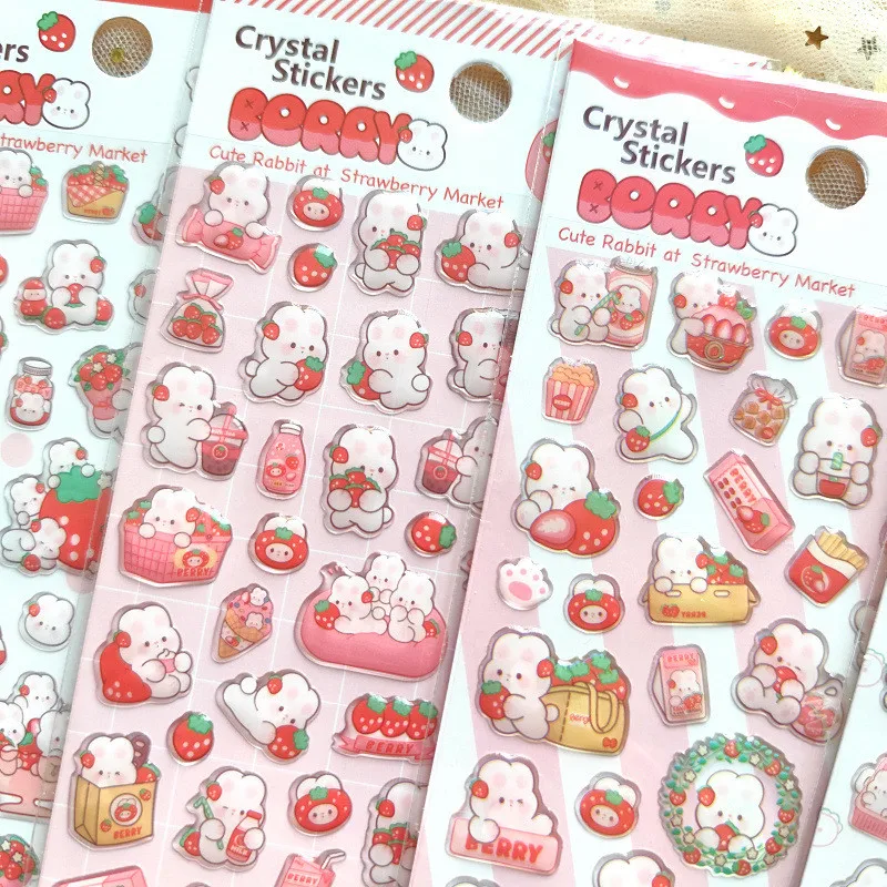 4 Pcs Strawberry Rabbit Pink Cute Crystal Epoxy Kids' Cartoon Decorative Stickers - Shiny & Good Quality(Anime Worlds Store)