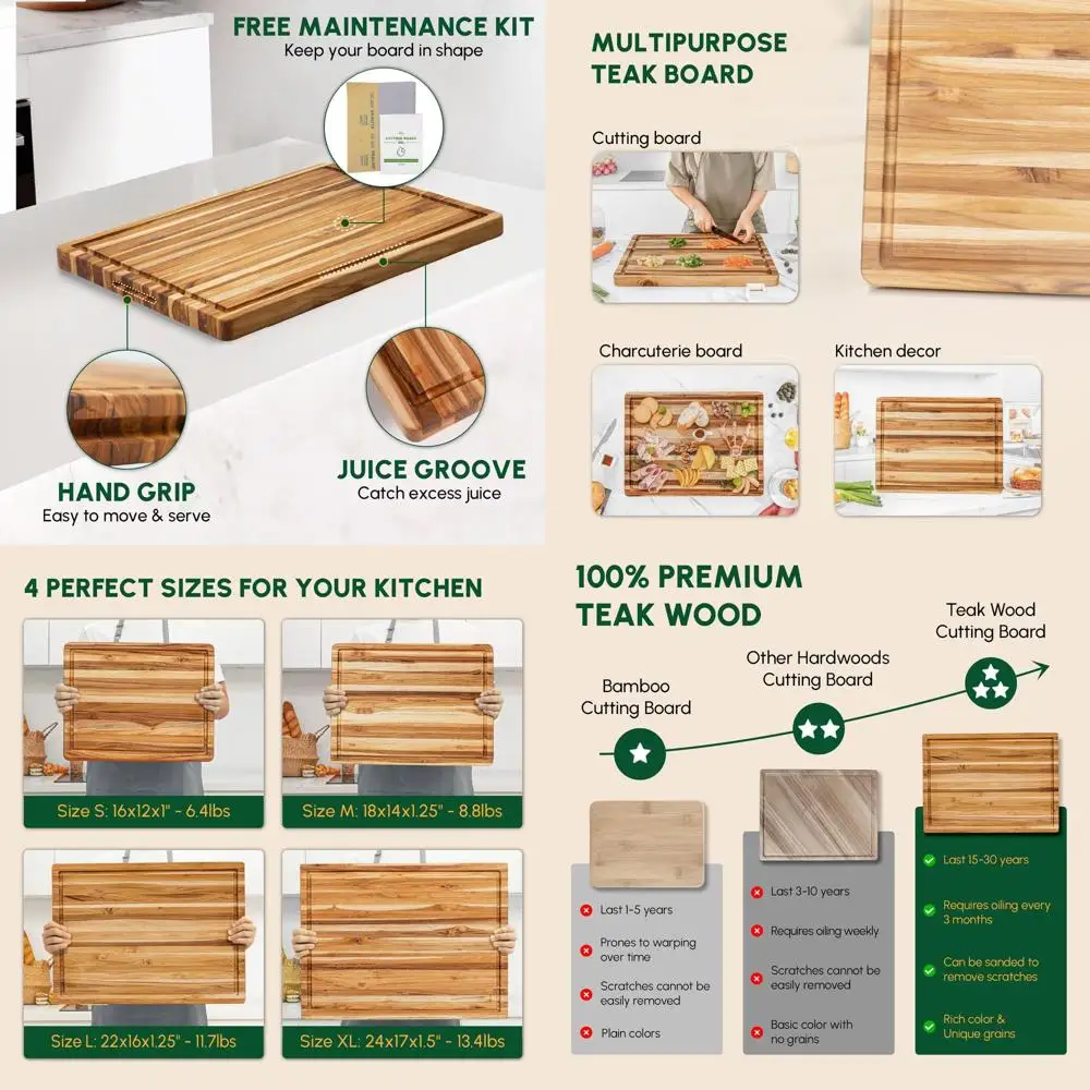 

Durable Teak Wood Cutting Board, 20x15x1.25, with Juice Groove & Hand Grip, Kitchen & Serving Essentials, Ideal Christmas Gift,