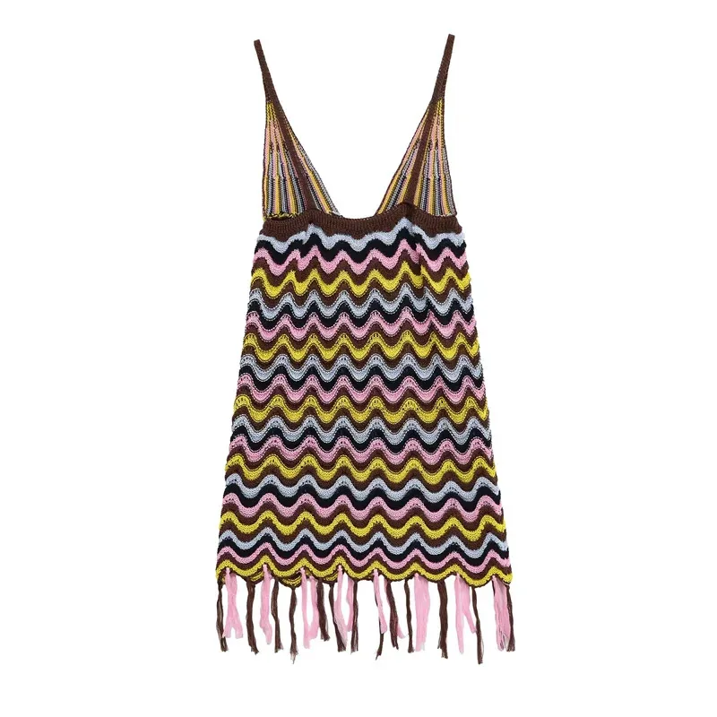 

Boho Women's Knit Cami Dress Deep V-Neck Wave Print Mini Sexy Summer Colorful Beach Vacation Fashion 2025