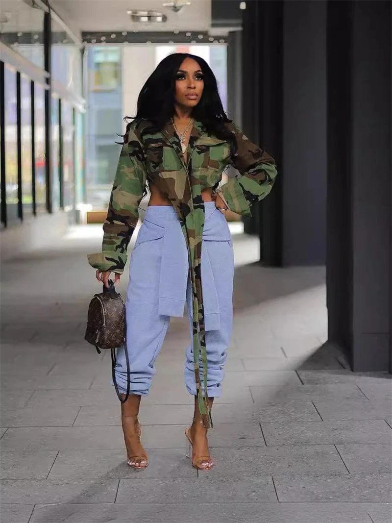 Fashion Camouflage Jacket Top Autumn Clothes 2024 Long Sleeve Buttons Lace Up Crop Top Streetwear Casual Short Coat Shirts Tops