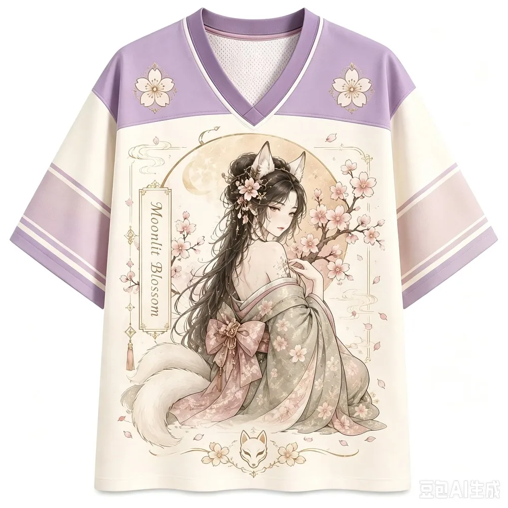 Sommermode Neues Retro-Kirschblüten-Fuchs-Elfen-Design 3D-Druck Y2K Outdoor-Freizeit-Fitness-Stil V-Ausschnitt Schnelltrocknendes T-Shirt Groß – Detail 7