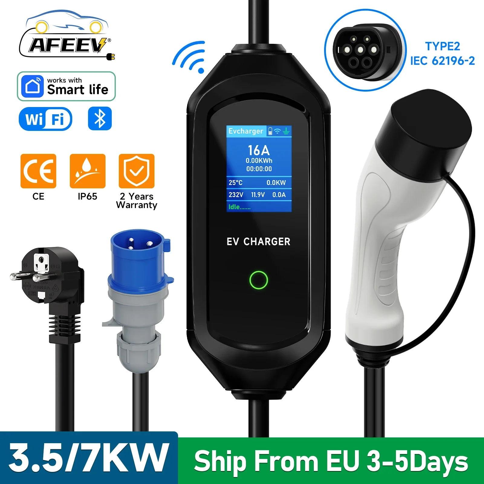 AFEEV 3.5/7KW Portable EV Charger Type2 IEC62196-2 Electric Car Charger 16A EVSE Fast Charging Cable WiFi APP Bluetooth Control