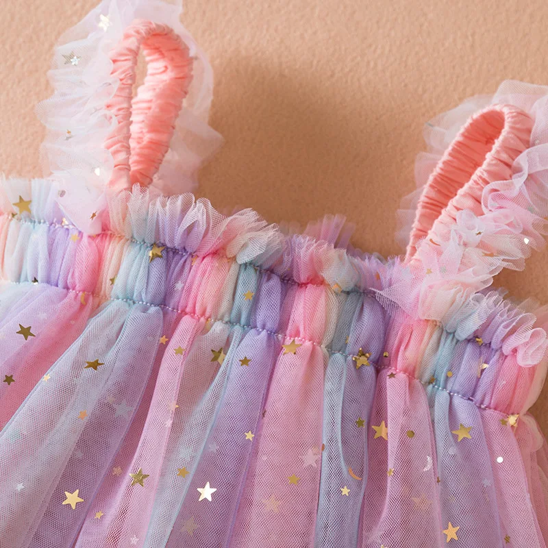 Toddler Girl Princess Dress Baby Rainbow Unicorn Tulle Costume Kids Summer Sleeveless Strap Dresses Newborn Birthday Party Cloth