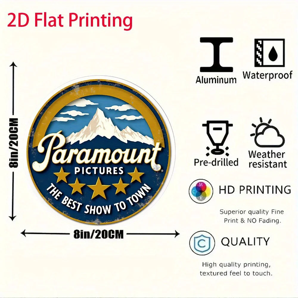 2D مسطح، قطعة واحدة من صور Paramount العتيقة، لافتة ألومنيوم مستديرة - 20.32 سم لوحة فنية جدارية معدنية قديمة مع تصميم الجبال والنجوم، "The B