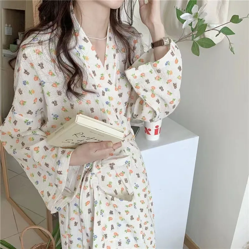 Full Sleeve Pajamas for Women Spring Autumn Pajama Cherry Flower Printed Cute Sweet Long Loose Bathrobe Cute V-neck Nifgtdress