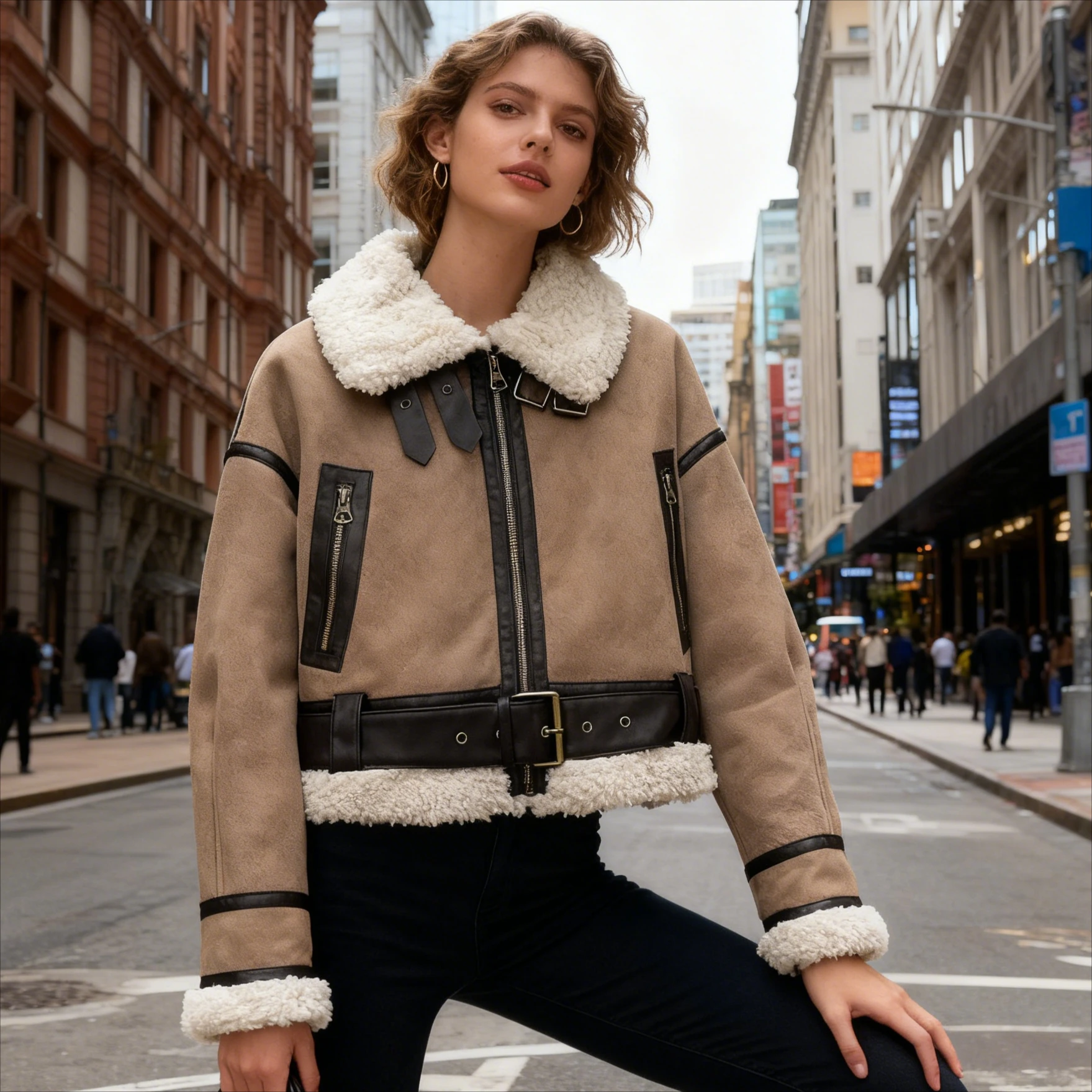 

Women Coats Spliced Jackets Zipper Pocket Turn Down Collar Punk Long Sleeves Thick Loose Casual Office Lady Y2k Autumn Winter