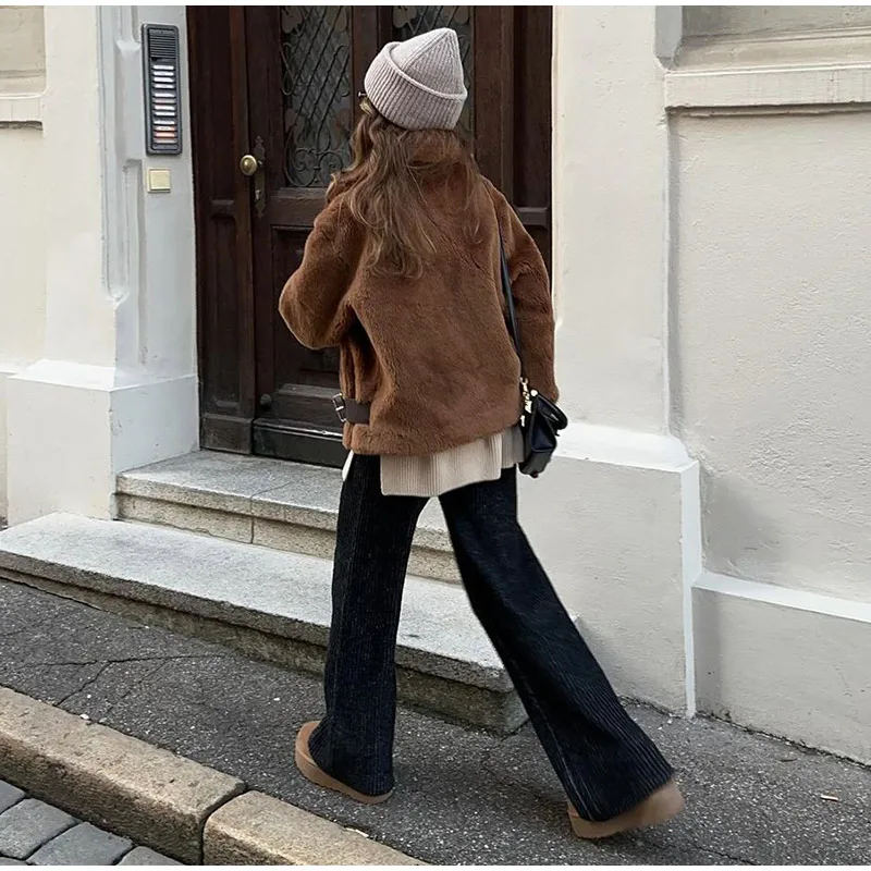 

Fashion Leather Belt Patchwork Faux Fur Short Coat Women Big Lapel Long Sleeve Zipper Jacket Autumn Winter Female Streetwear