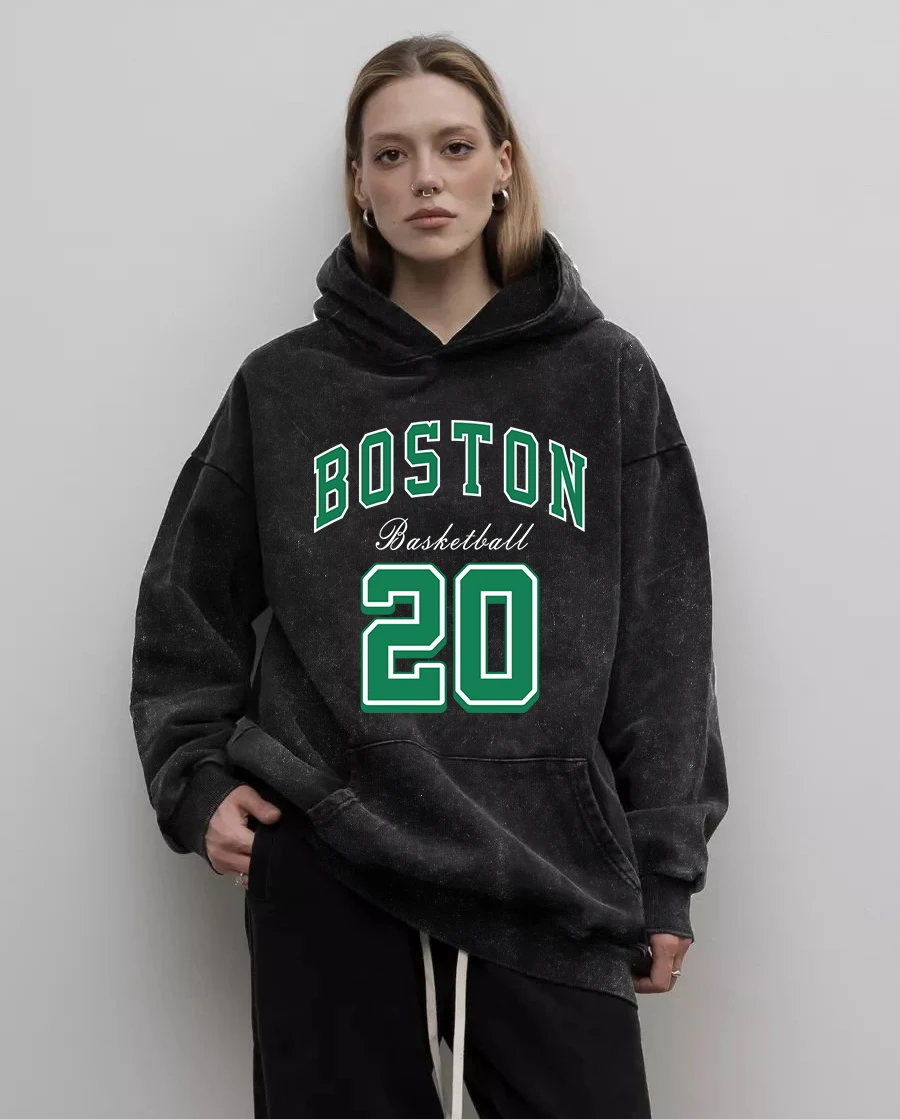 Retro Boston Art Letter Printed Washed Hoodie Women Fashion Hoody All-Match Oversized Hoodies Cotton Hip Hop Clothes Unisex