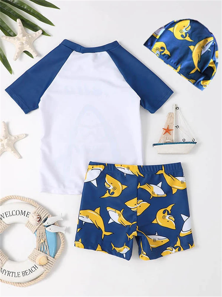 Kids Swimsuit Boy Swimming 2024 New Shark Pattern Short Sleeves Children Swimwear Summer Two Piece Shorts Beachwear Bathing Suit