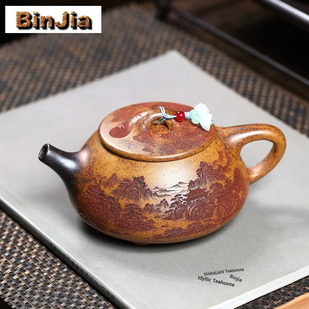

360ml Elegant Yixing Purple Clay Teapots Handmade Stone Scoop Pot Raw Ore Dragon Bone Gold Sand Mud Kettle Zisha Tea Set Gifts