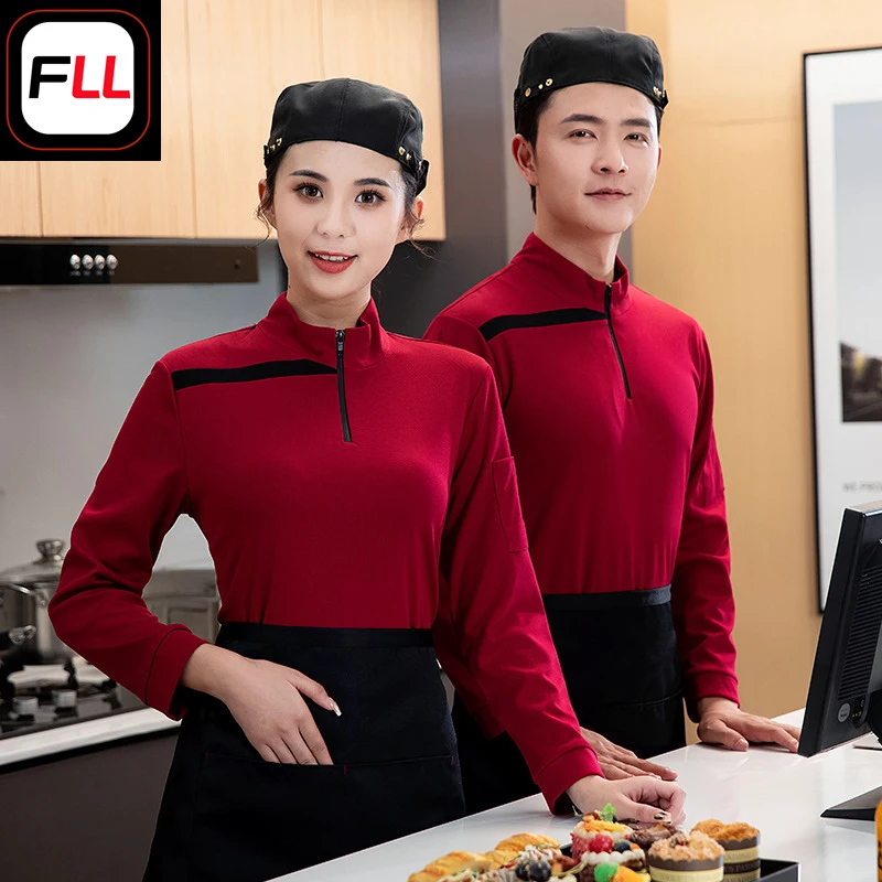 

Рабочая униформа официанта: толстовка с длинными рукавами и вышивкой логотипа для отелей, ресторанов, заведений быстрого питания, фруктовых лавок, супермаркетов.