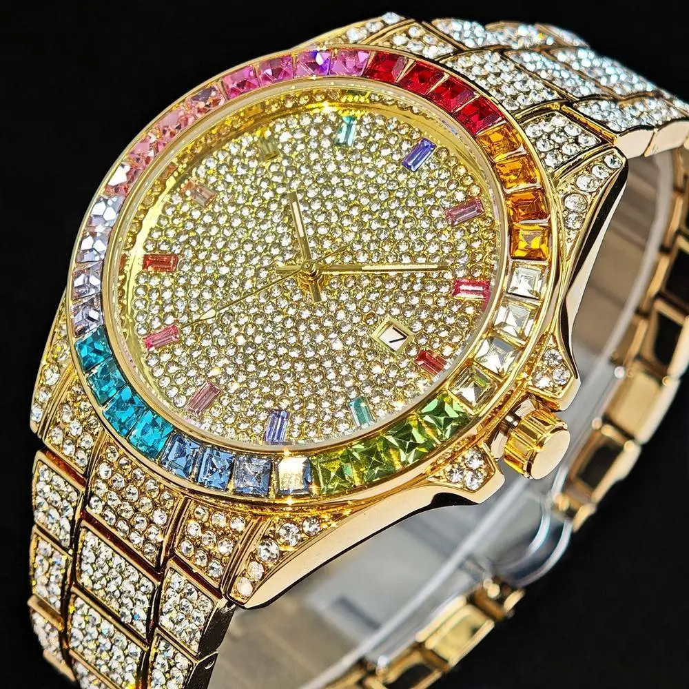 2025 Fashion Luxury Brand Rainbow Ice Diamond Waterproof Watches For Men Hip Hop  Sparkling Jewelry Male Quartz Wrist Watch Gift