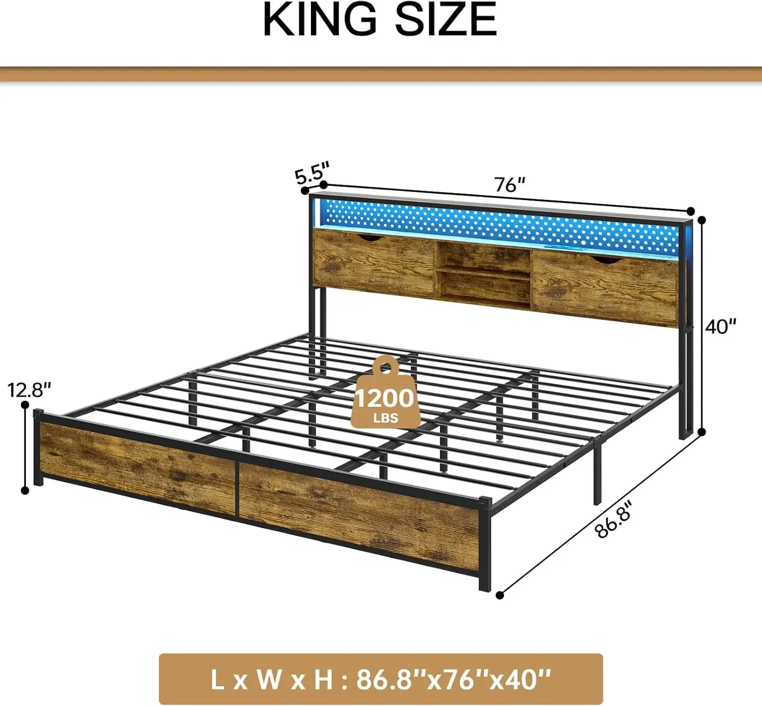 Marco de cama tamaño King con almacenamiento y cabecera con luz LED, cama con plataforma de metal con estación de carga USB y tipo C, cama King