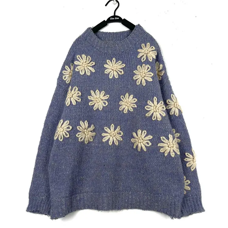 手作りヴィンテージ日本製スレ花柄刺繍ソフトフーディー女性用クルーネックセーター快適で通気性のあるオールシーズン対応