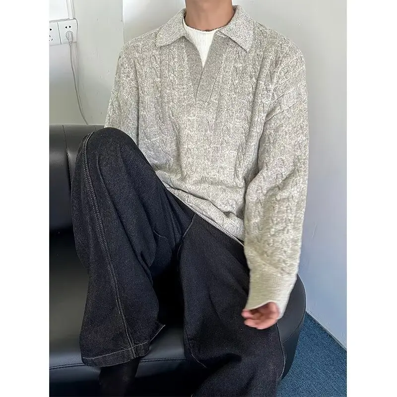 2025 New Men Turn Down Collar Sweater Loose Splicing Top Trendy Fake Two Piece Retro Twisted Texture Clothing