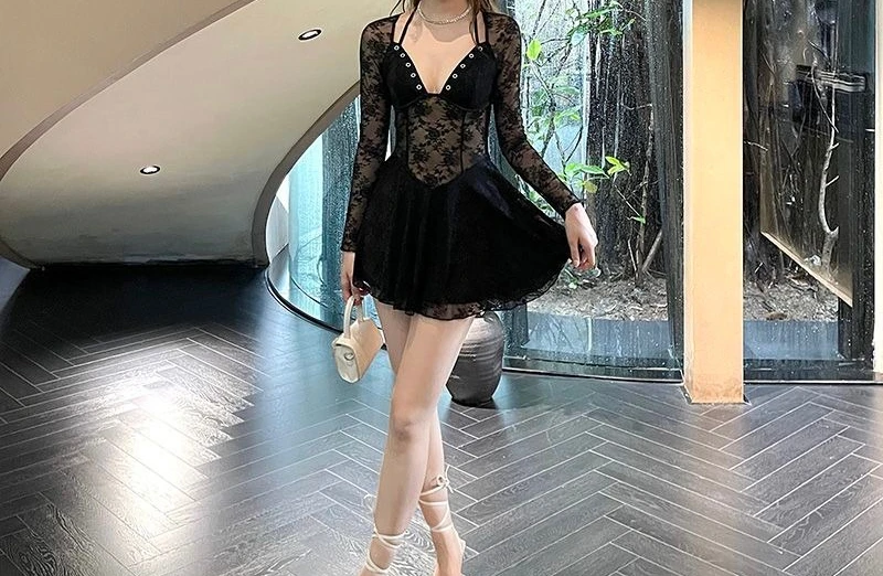 Autumn Temperament Sexy Slimming Waist Cinching Lace Slim Fit Long Sleeved Patchwork Dress