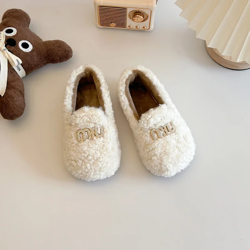 Children's Winter Shoes Lambswool Cotton-Padded Shoes T Strap Flats for Girls Buckle Warm Casual Shoes Plush Soft Kids Shoe