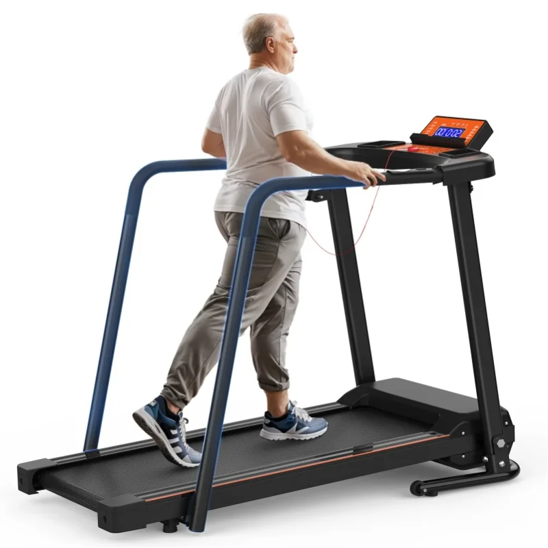 Klappbares Laufband für Zuhause mit verlängerten Handläufen, 120 kg, App-Steuerung, tragbares Reha-Fitnessgerät für Senioren