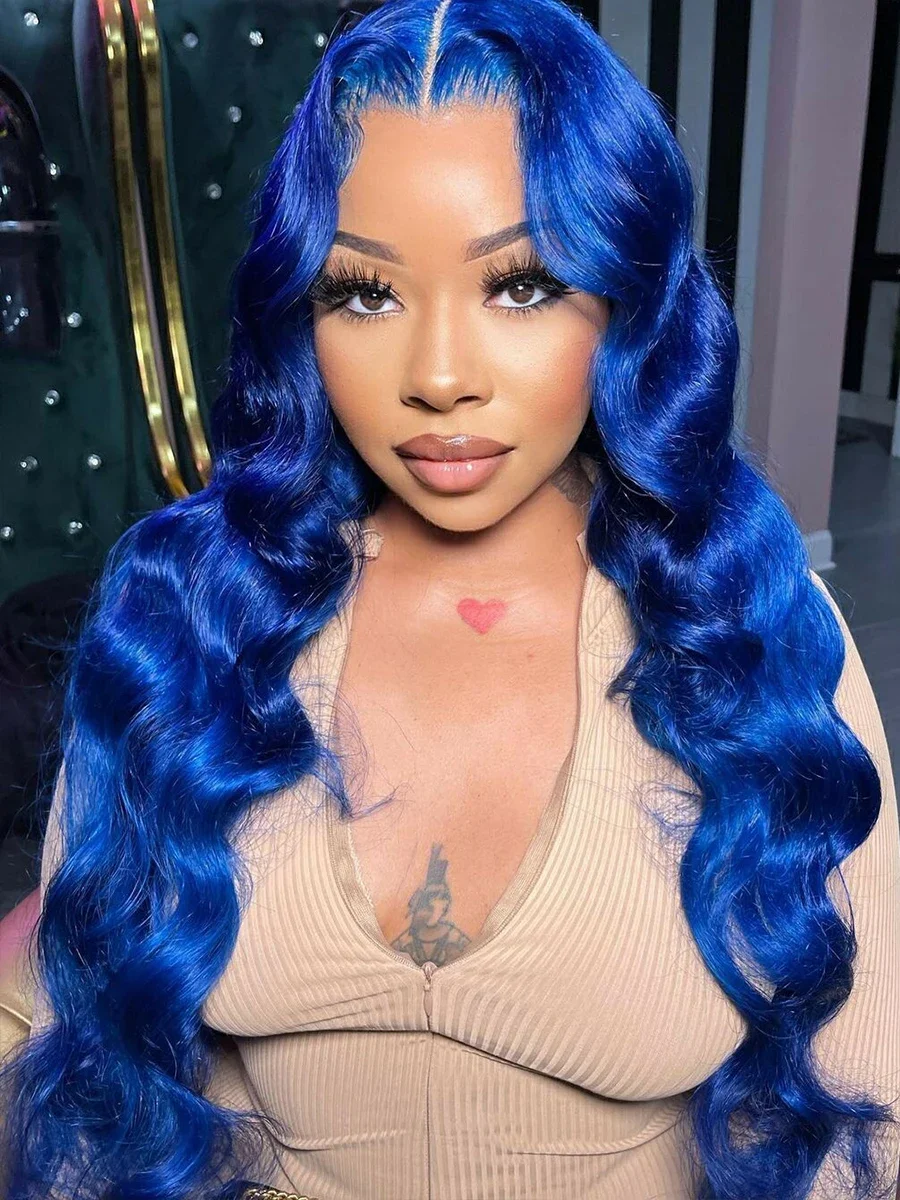 

13x4 Dark Blue Lace Front Wig Human Hair Wigs Pre Plucked Blue Colored Transparent Body Wave Lace Frontal Wigs For Women 180%