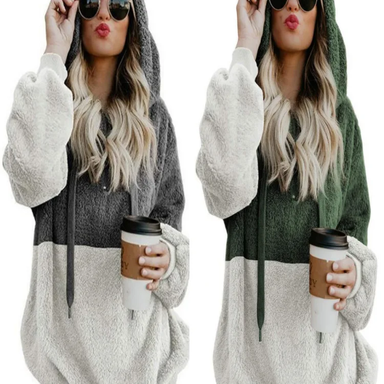 ผู้หญิงสไตล์ใหม่ฤดูใบไม้ร่วง/ฤดูหนาว Splicing Hoodie ศิลปะลําลองกํามะหยี่เสื้อแขนยาวสุภาพสตรีแฟชั่นหลวม Hoodie