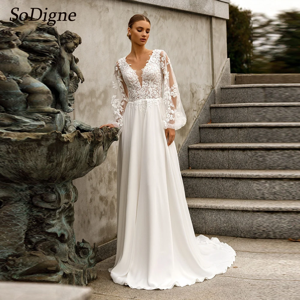 

SoDigne A-line Chiffon Wedding Dresses V-neck Full Sleeves Appliques Wedding Gown 2025 Long Beach Bridal Dress Robe De Mairee