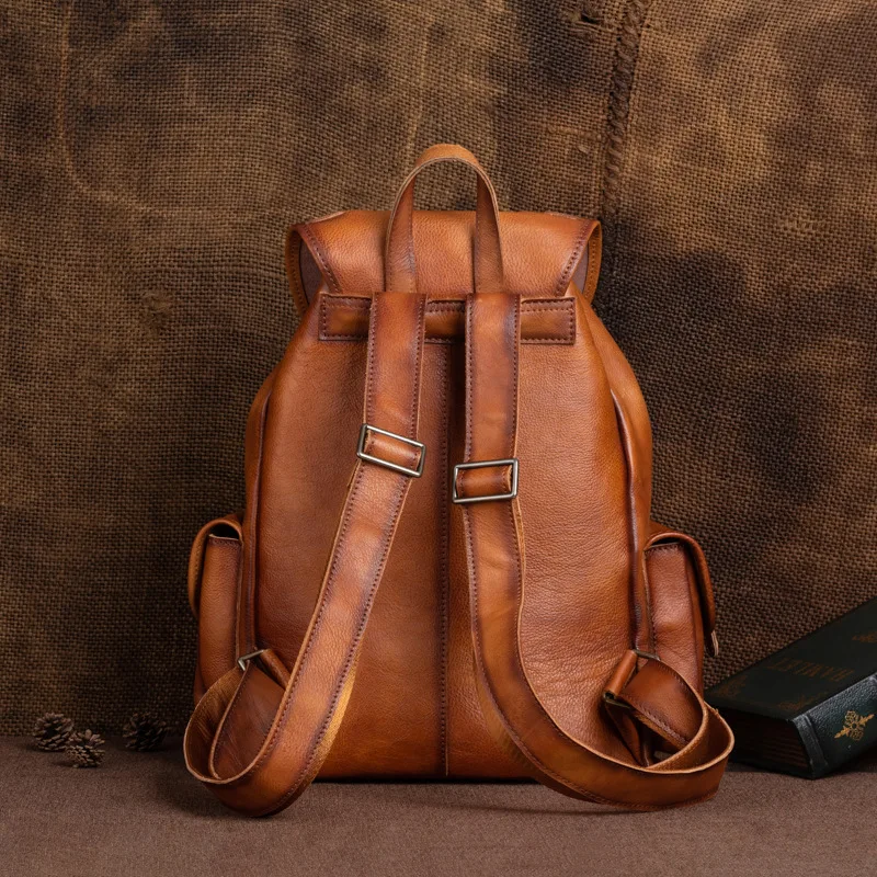 Natural Leather Men Backpack Handmade Genuine Leather Laptop Backpack Vintage Travel Bags Large Capacity Boys Shoolbags