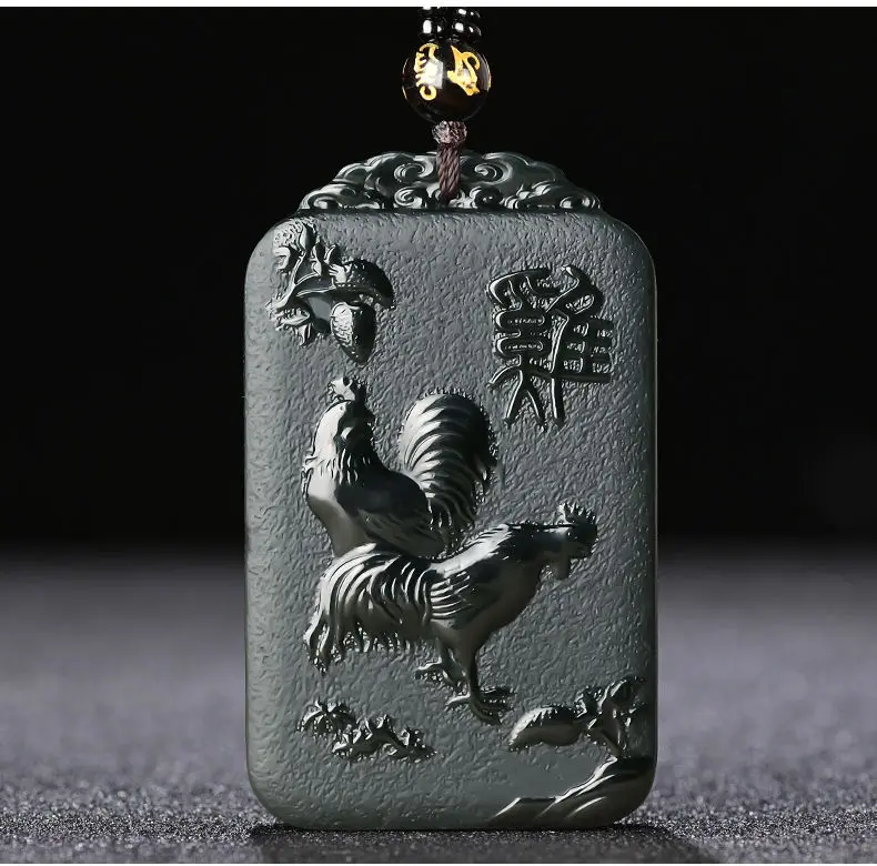 Natural Hetian Cyan Jade Buddha  Zodiac Chicken Patron Saint Black Green Pendant Necklace Exquisite Jewelry Men Women with Chain