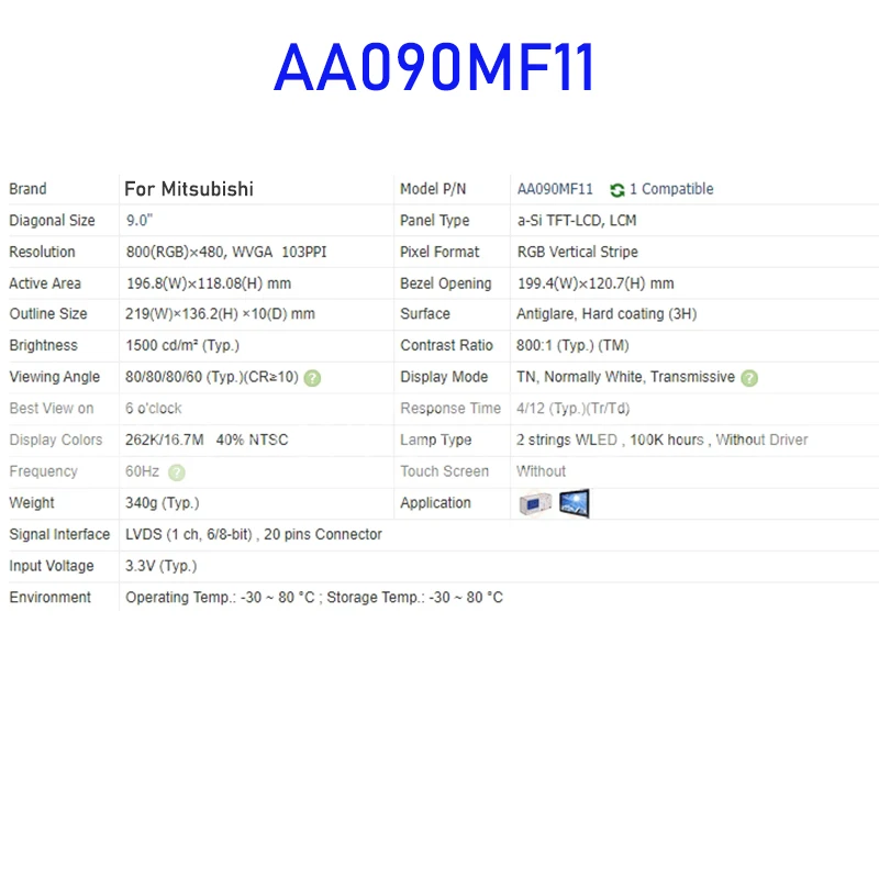 AA090MF11 9.0 Inch LCD Display Screen Panel Original for Mitsubishi 20 Pins Connector Brand New Fast Shipping 100% Tested