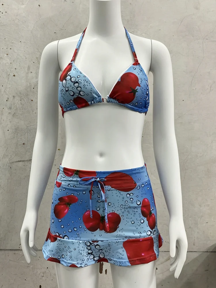 

Spring and summer new niche split swimsuit sexy triangle bag fruit print vacation beach bikini swimsuit