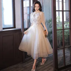 New Evening Dress Sequins Luxurious High Neck Tea-Length Empire Half Sleeves A-Line Pleat Tulle Woman Formal Party Gown A2459