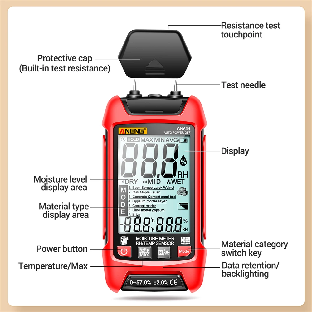 ANENG GN601 Wood Moisture Meter Digital Moisture Detector Pin-Type Water Leak Damp Tester for Wood Building Walls Paper