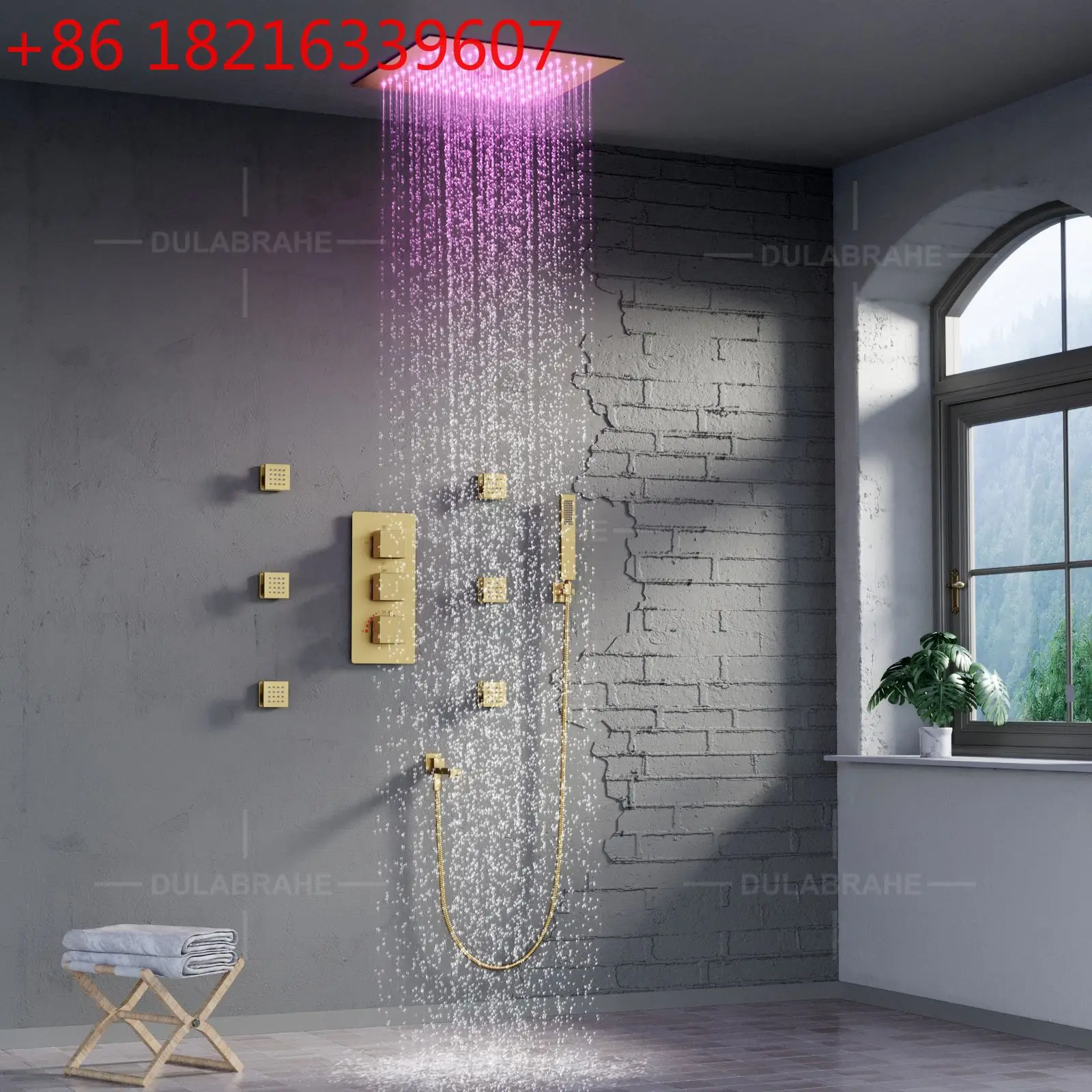 

Роскошный душевой комплект со скрытым светодиодным светильником из матового золота, четыре функции, настенный, 300*300 мм