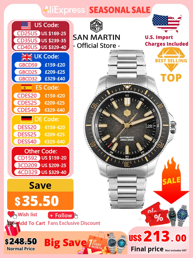 

San Martin 2025 New Upgraded Version 40mm Dive Watch Men Original Design NH35 Automatic Mechanical Waterproof 200m SN0118