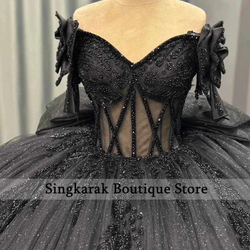 

Black Shiny Quinceanera Dresses Off The Shoulder Applique Lace Beading Crystal Bow Tiered Tull Corset Party Birthday Sweet 16