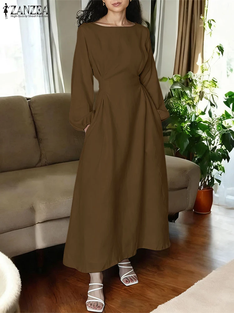 ZANZEA Women Dress Long Sleeve Elegant OL Work Sundress 2025 Fashion Casual Loose Vestido Solid Color Elegant A-Line Party Robe