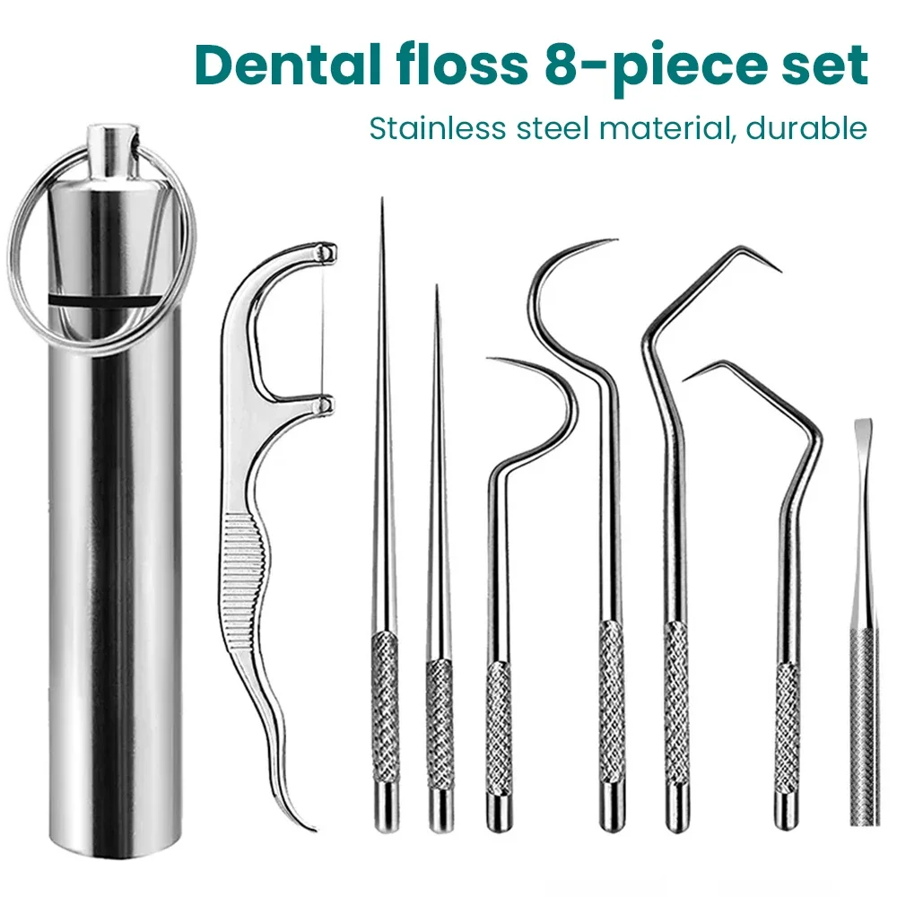 8pcs/set Stainless Steel Toothpick 8-piece Portable Toothpicking Tool Cleaning Oral Care Floss Needle Dental Needle
