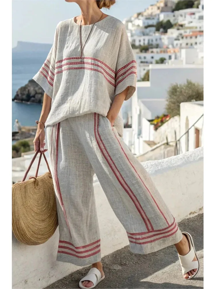 Conjunto informal holgado de 2 piezas con estampado para mujer, jersey con cuello redondo y pantalones de pierna ancha, conjuntos de ropa bohemia de vacaciones para mujer