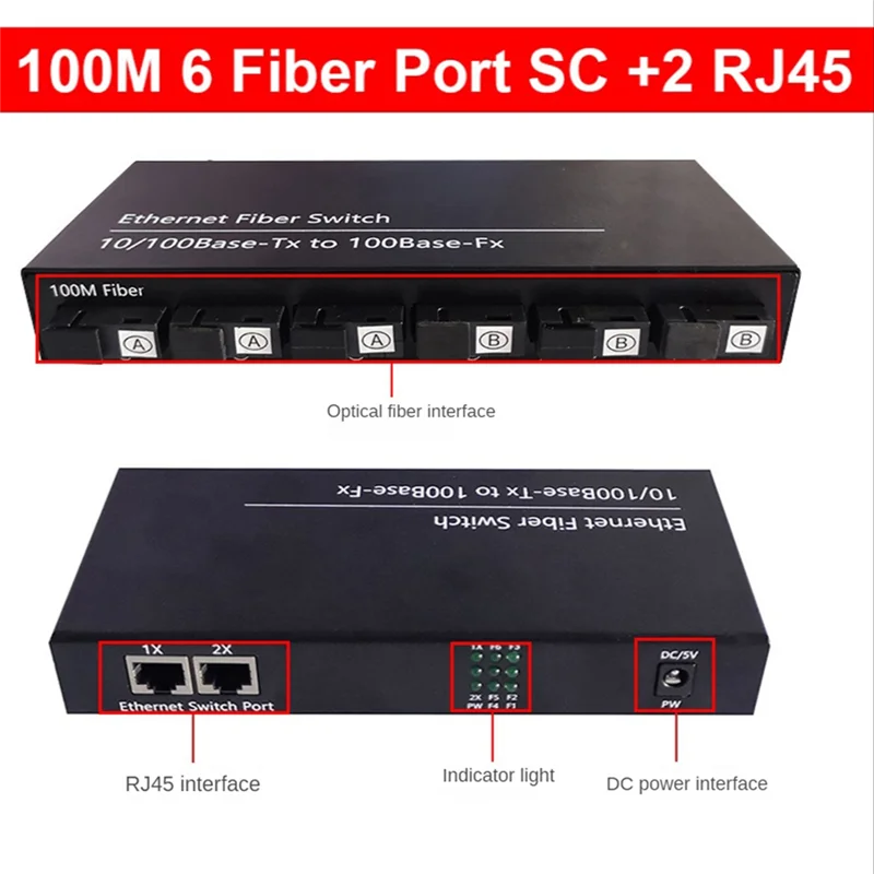 6 พอร์ต 10/100M Ethernet Switch 6 พอร์ตไฟเบอร์ 25KM 2UTP RJ45 Fiber Optical Transceiver Optical Media Converter US Plug