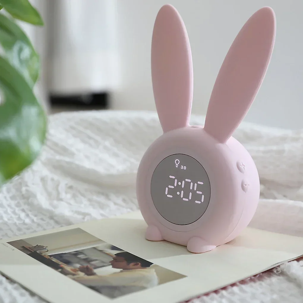 Cartoon LED Digital Alarm Clock Electronic  Display Sound Control  Rabbit Night Lamp Desk Rechargeable  Home Decor