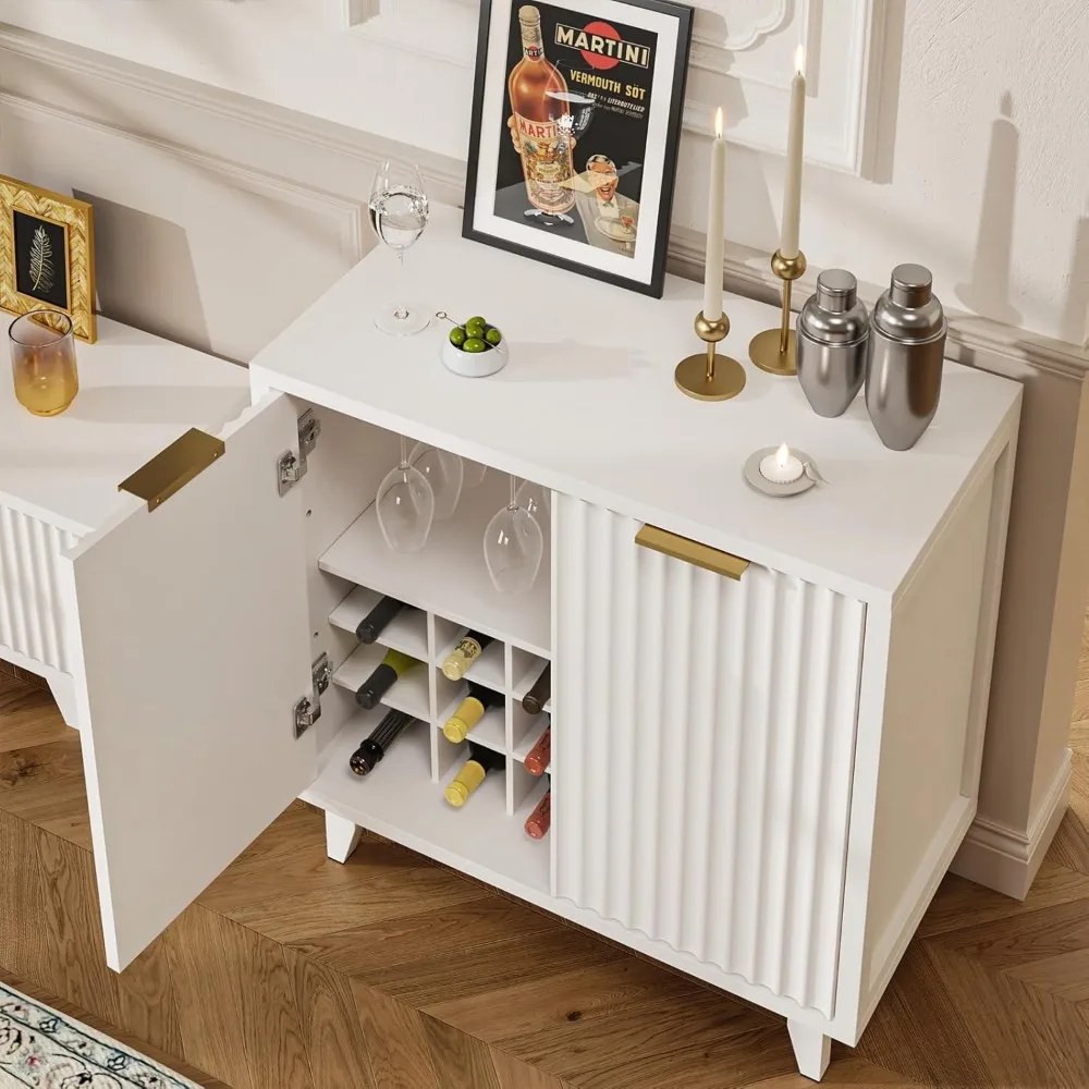 Fluted Coffee Bar Cabinet with Storage, Modern Sideboard Buffet Cabinet with Removable Wine Rack, Drawer, Adjustable Shelf