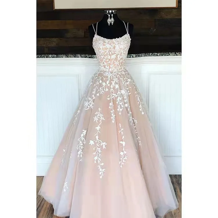 Vestido de novia con tirantes finos, traje de tul con apliques de encaje, longitud hasta el suelo, línea A, para invitados de boda, WH9976, 2023