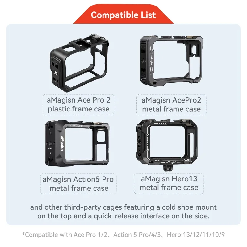 مجموعة أدوات المقبض aMagisn Xplorer لـ Gopro Hero 13 باللون الأسود، قبضة الكاميرا مع ملحقات (بلاستيك/معدني سريع الإصدار + إطار معدني).