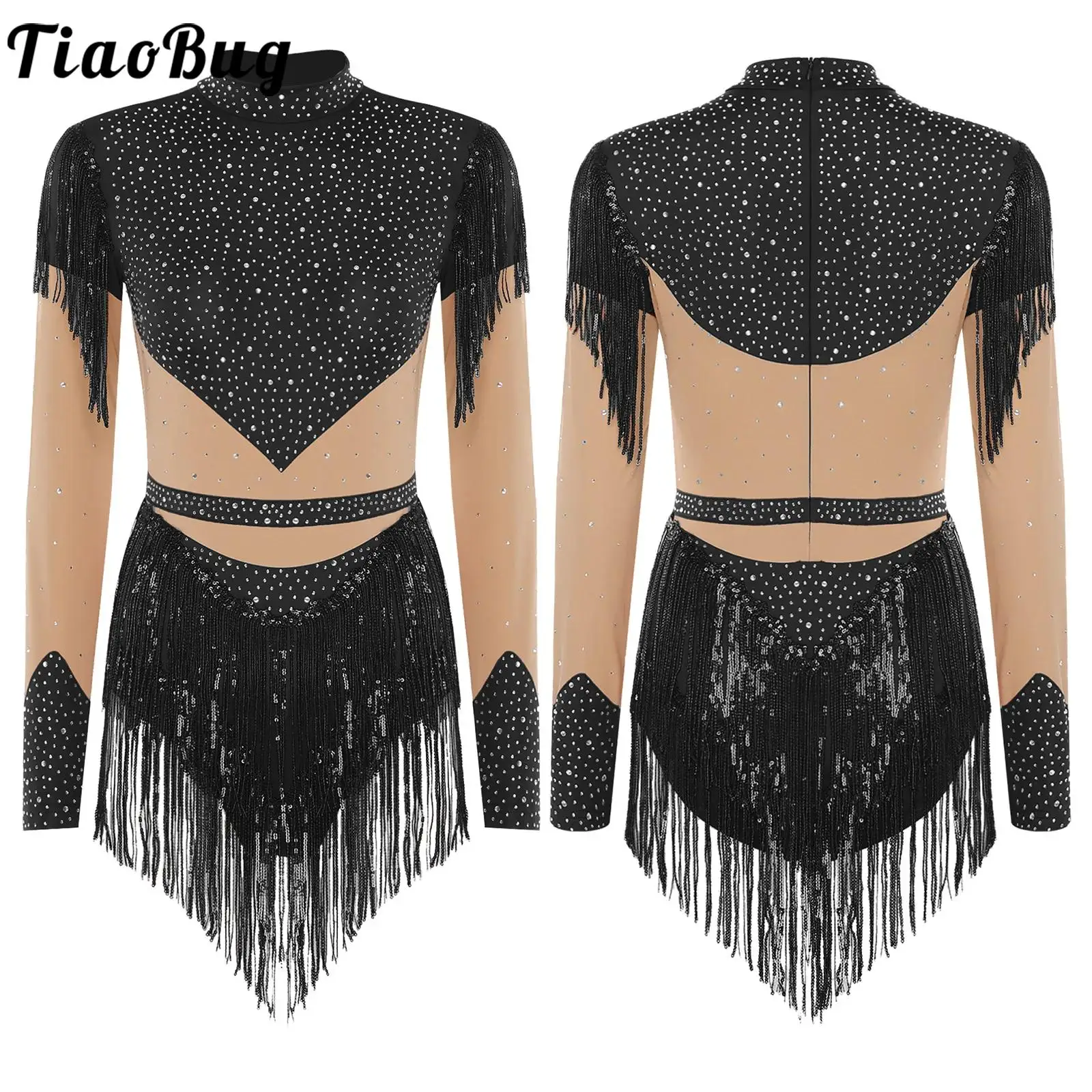 

Women Long Sleeve Latin Samba Dancewear Contrast Color Rhinestone Bodysuit Sequin Tassel Dress for Tango Chacha Dance Jazz Salsa